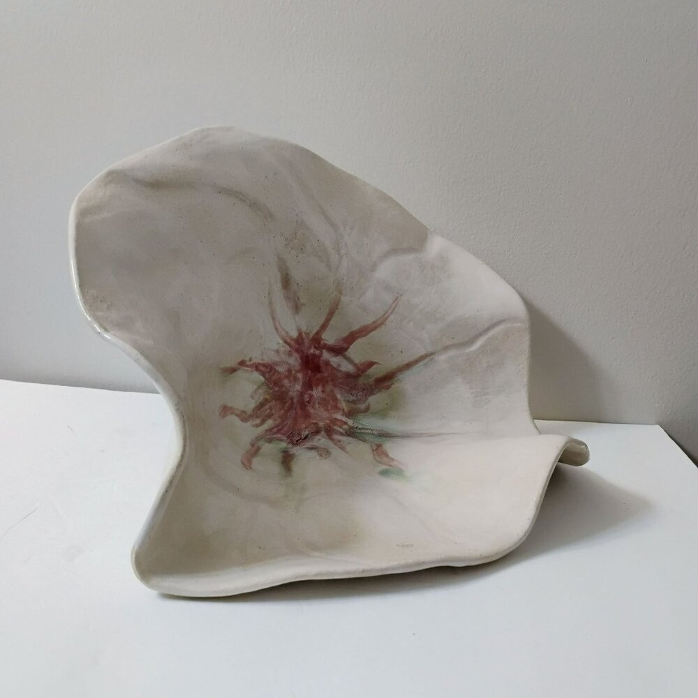 Handcrafted Art Pottery Flower Centerpiece Bowl, Decorative Ceramic White Pink - Picture 8 of 11